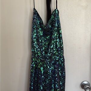 BCBGeneration Backless Sequin romper in Blue and Green